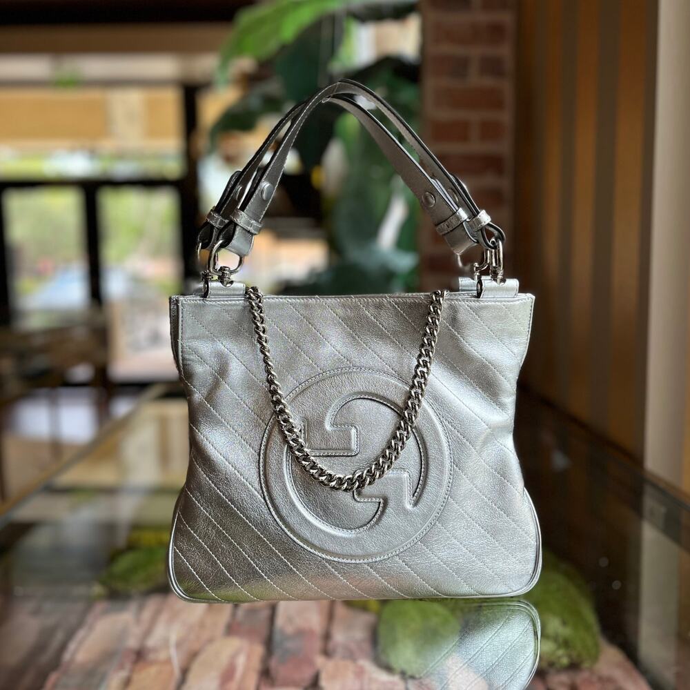 GUCCI Diagonal Blondie Metallic Silver Leather Tote Bag
